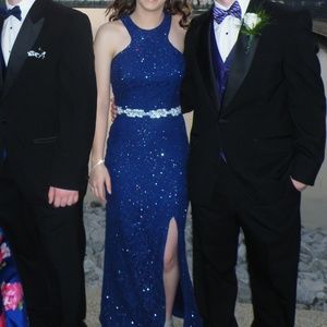 Juniors 5 Formal Long Dress Purple Blue Prom Lace Slit Beaded Belt City Studio